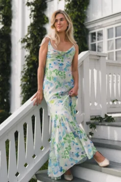 Amaia Chiffon Slip Maxi Dress Pastel Floral Pistachio