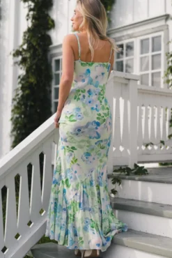 Amaia Chiffon Slip Maxi Dress Pastel Floral Pistachio