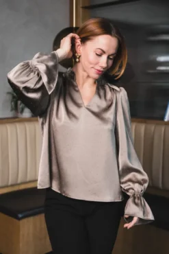 Amara Heavy Sateen Bedaz Blouse Dark Taupe