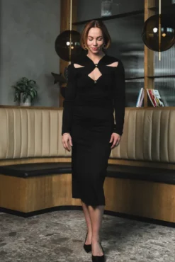 Amela Embellished Jersey Midi Dress Black