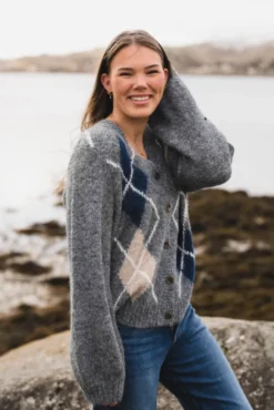Beleney Small Check Fluff Cardigan Dark Grey