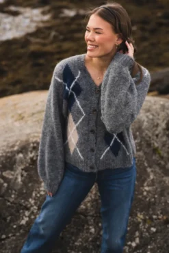 Beleney Small Check Fluff Cardigan Dark Grey