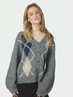 Beleney Small Check Fluff Cardigan Dark Grey