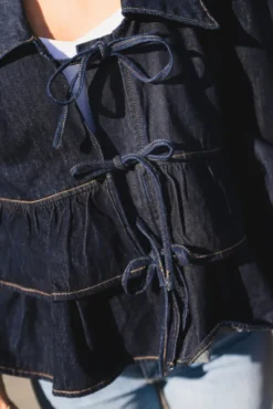 Celina LS Denim Tie Top Dark Blue Denim