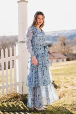 Denila Crepe Print Dress Dusty Blue