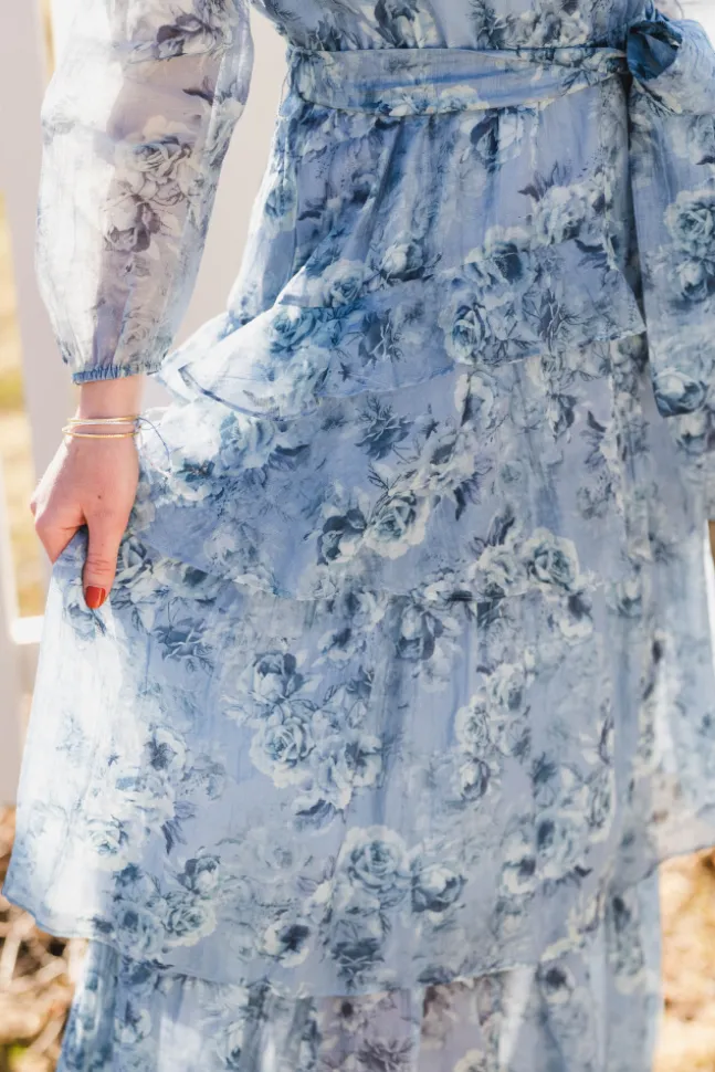 Denila Crepe Print Dress Dusty Blue