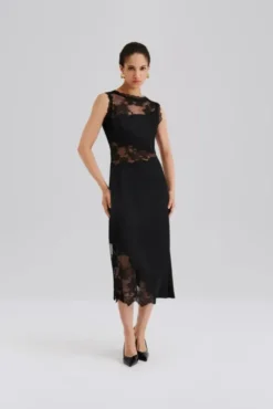 Desire Lace Trimmed Cut Out Midi Dress Black