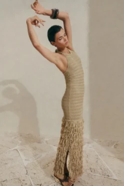 Elissa Halterneck Fringe Maxi Dress Sand