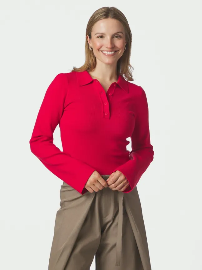 Fannya LS Solid Knit Polo Red