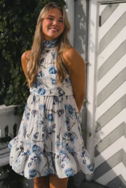 Fern Halterneck Ruffled Mini Dress Tulip Blue
