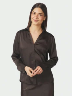 Hazelle Drapy Satin Shirt Dark Brown