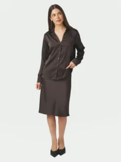 Hazelle Drapy Satin Shirt Dark Brown