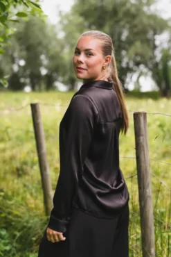 Hazelle Drapy Satin Shirt Dark Brown