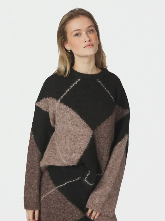 Inga Check Fluff Knit Blouse Dark Brown