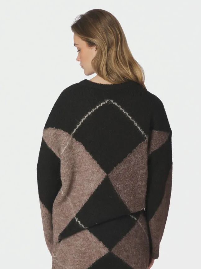 Inga Check Fluff Knit Blouse Dark Brown