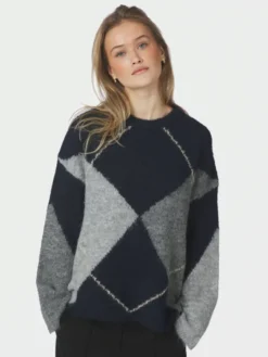 Inga Check Fluff Knit Blouse Navy