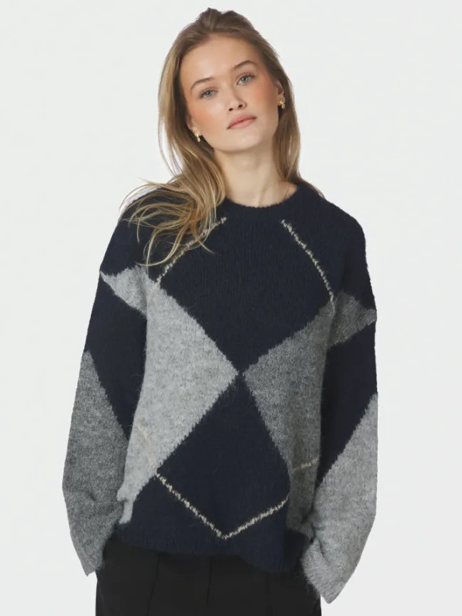 Inga Check Fluff Knit Blouse Navy