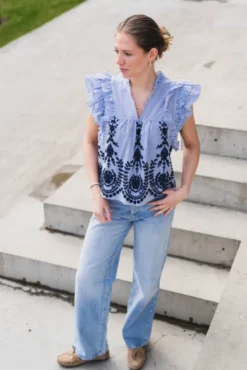 Jayla Stripe Embroidery Top Blue
