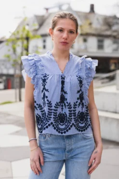 Jayla Stripe Embroidery Top Blue