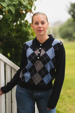 Julina Check Knit Blouse Navy