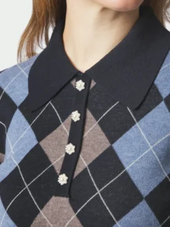 Julina Check Knit Blouse Navy