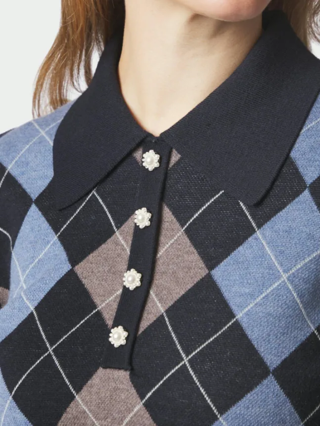 Julina Check Knit Blouse Navy
