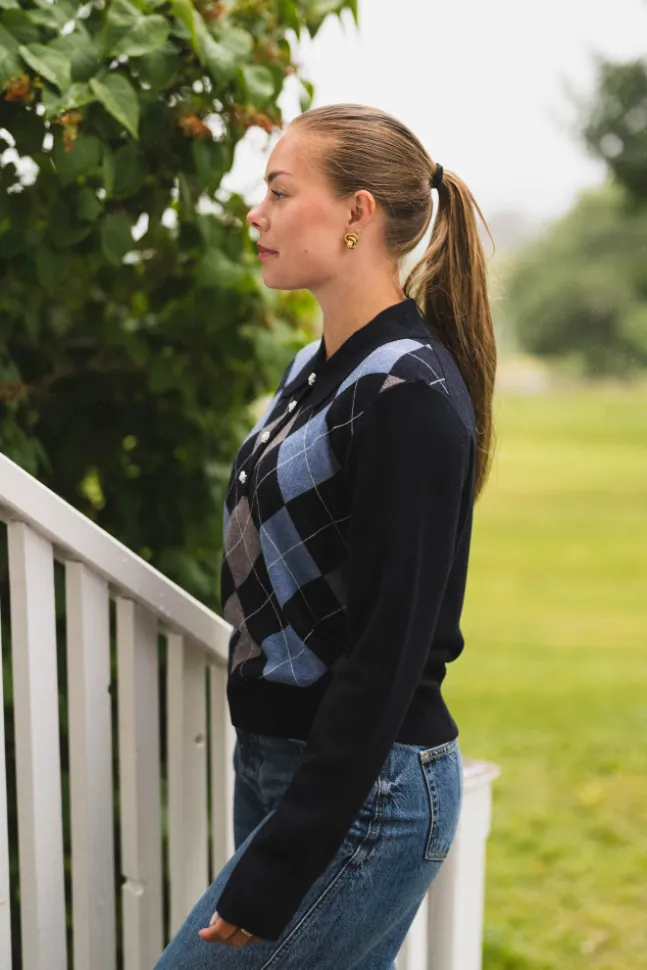 Julina Check Knit Blouse Navy