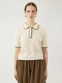 Lingo LS Knit Polo Top Pristine W Brown Edges