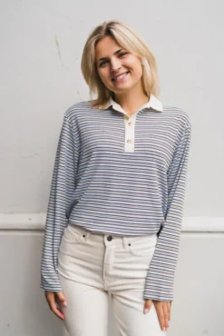 Lirenne Striped Polo Blouse Light Blue