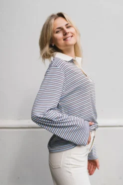 Lirenne Striped Polo Blouse Light Blue
