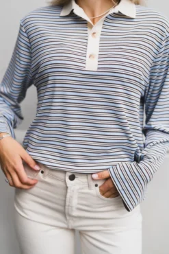 Lirenne Striped Polo Blouse Light Blue