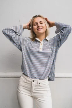 Lirenne Striped Polo Blouse Light Blue