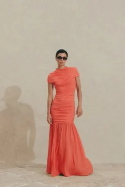 Loana Draped Chiffon Maxi Dress Coral