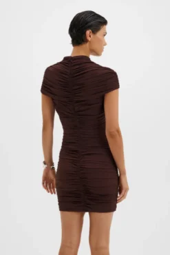 Loana Draped Chiffon Mini Dress Espresso