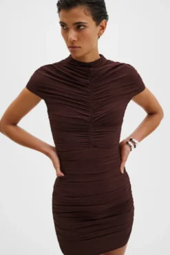 Loana Draped Chiffon Mini Dress Espresso