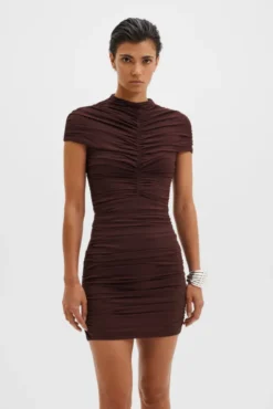 Loana Draped Chiffon Mini Dress Espresso