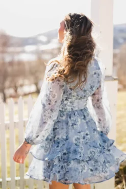 Mabella Crepe Print Dress Dusty Blue