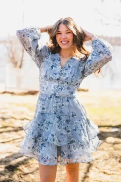 Mabella Crepe Print Dress Dusty Blue