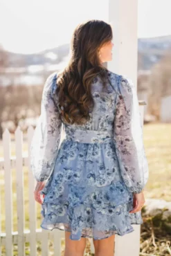 Mabella Crepe Print Dress Dusty Blue