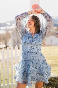 Mabella Crepe Print Dress Dusty Blue