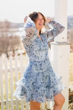 Mabella Crepe Print Dress Dusty Blue