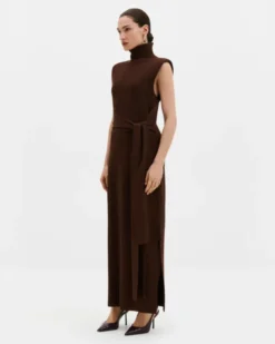 Minna Waist Tie Knitted Maxi Dress Dark Brown