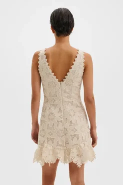 Miranda Ruffled Guipure Lace Mini Dress Sand