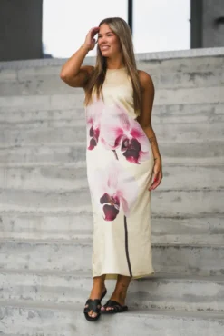Orchida Satin Long Dress Anise Flower