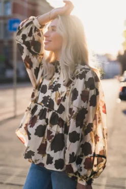 Pernilla High Neck Balloon Sleeve Blouse Wine Peony