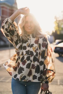 Pernilla High Neck Balloon Sleeve Blouse Wine Peony