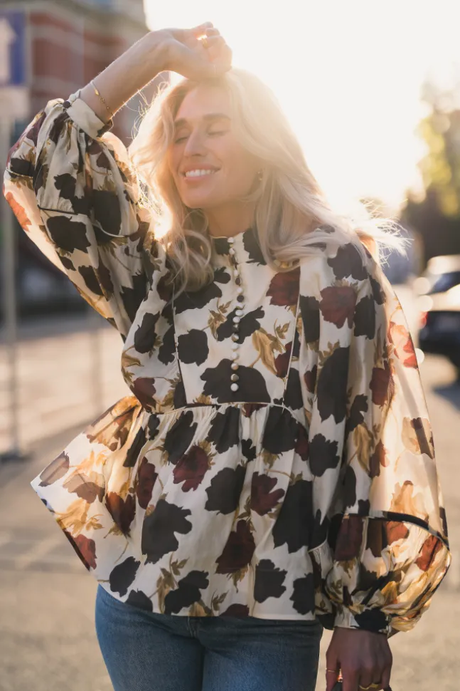 Pernilla High Neck Balloon Sleeve Blouse Wine Peony