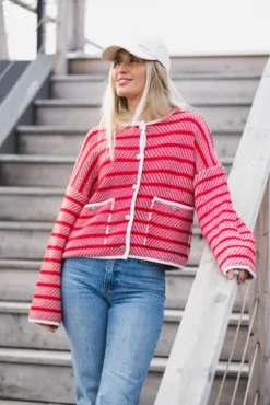 Polly Knitted Cardigan Poppy Red Stripe