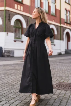 Poppy Emb Pleat Dress Black