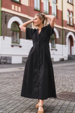 Poppy Emb Pleat Dress Black